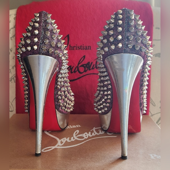 CHRISTIAN LOUBOUTIN Metallic Lame Lady Peep Spike Platform Pumps Size 37 - Picture 2 of 16
